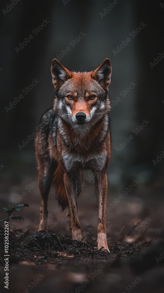 Fototapeta premium A brown and black wolf stands atop the forest floor, framed by a dense forest of numerous trees