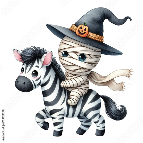 Cute mummy riding on a zebra clipart watercolor
