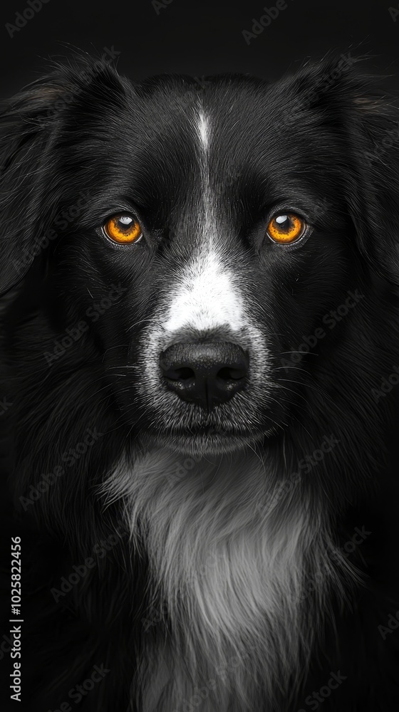 A tight shot of a black-and-white dog's face featuring a yellow-eyed canine at its heart A tight shot of a black-and-white dog's face featuring a yellow-eyed canine at its heart