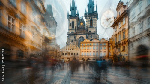 Blurred Motion of People Walking in Prague with a View of the Church of Our Lady Before T?n photo