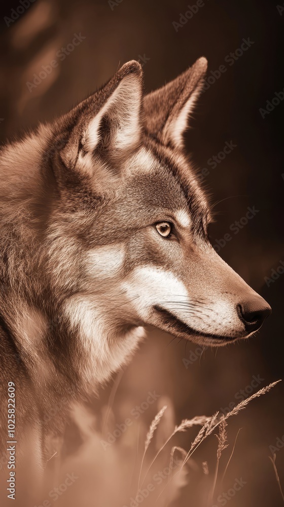 Fototapeta premium A tight shot of a wolf's face against a black backdrop, its features accentuated with a warm, brown hue
