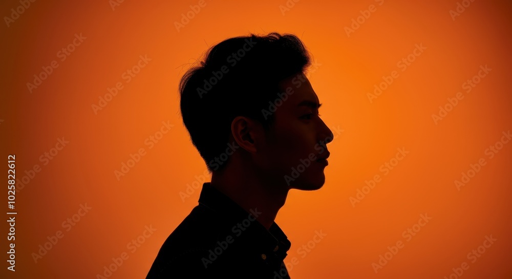 Silhouette of young man vibrant orange backdrop Silhouette of young man vibrant orange backdrop