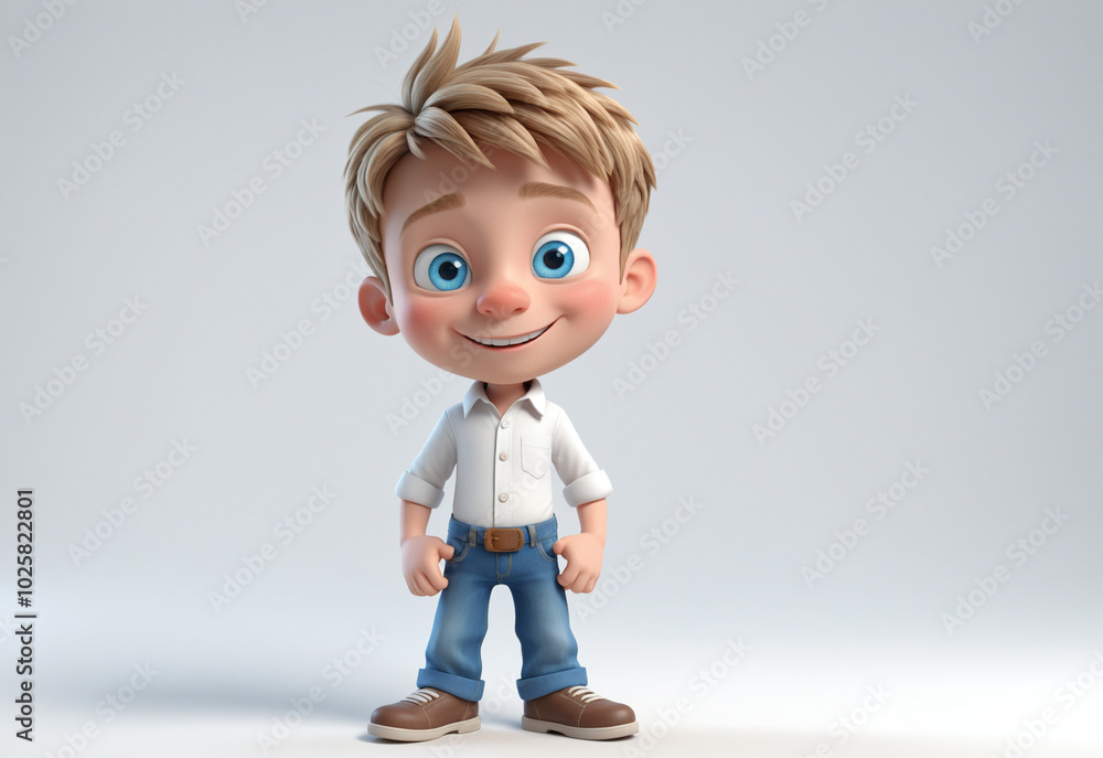 Vibrant cartoon boy with bright blue eyes and a mischievous grin, wearing a white shirt and blue jeans against a warm 3D background Vibrant cartoon boy with bright blue eyes and a mischievous grin, wearing a white shirt and blue jeans against a warm 3D background