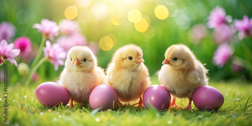 Three baby chicks on grass with pink eggs and flowers. Banner, background for Easter, spring with space for text Three baby chicks on grass with pink eggs and flowers. Banner, background for Easter, spring with space for text