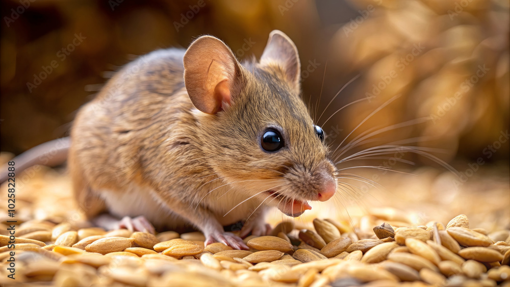 The mouse is actively searching for food, nibbling on seeds scattered around in a warm, sunlit environment filled with grains The mouse is actively searching for food, nibbling on seeds scattered around in a warm, sunlit environment filled with grains