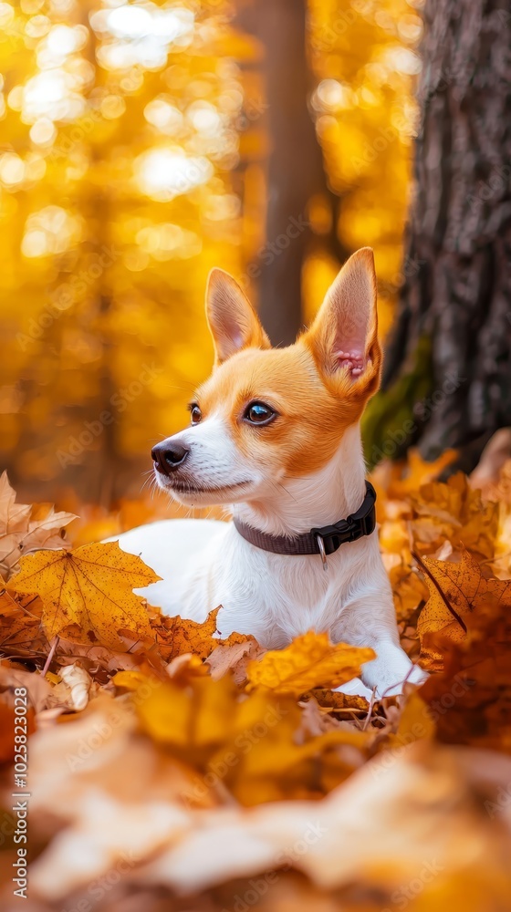 A small dog, brown and white, rests atop a wooded pile of leaves near a tree in the forest A small dog, brown and white, rests atop a wooded pile of leaves near a tree in the forest