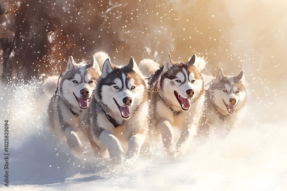 A lively pack of huskies races through the snow, their tongues out and tails wagging in excitement. The thrill of the outdoors. A lively pack of huskies races through the snow, their tongues out and tails wagging in excitement. The thrill of the outdoors.