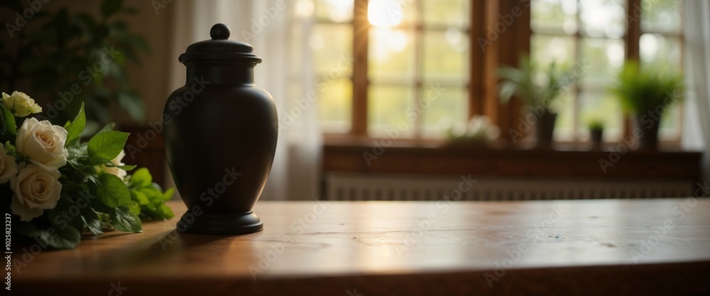 Urn for ashes on a wooden table with flowers in a farewell hall, illuminated by soft sunlight Urn for ashes on a wooden table with flowers in a farewell hall, illuminated by soft sunlight