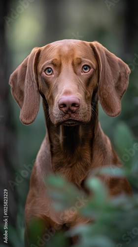  A brown dog with blue eyes gazes into the camera, background blurred by green foliage