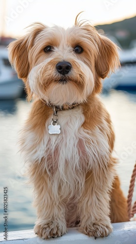  A brown-and-white dog atop a boat by a water body; boats dot the background