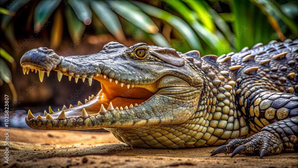 Fototapeta premium The crocodile lies with its mouth open, highlighting its sharp teeth, while vibrant greenery surrounds the setting, evoking a warm atmosphere