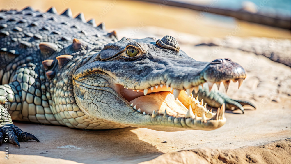Fototapeta premium A crocodile rests on a sandy surface, displaying its sharp teeth and rugged skin under the warm sun, basking near a water body in a wildlife environment