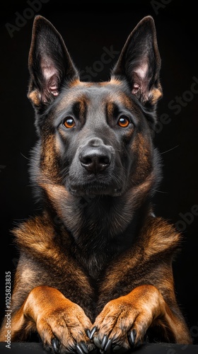  A close-up of a dog's face with one paw on the ground and the other resting on the ground