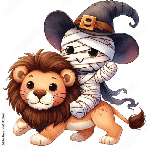 Cute mummy riding on lion's back clipart watercolor
