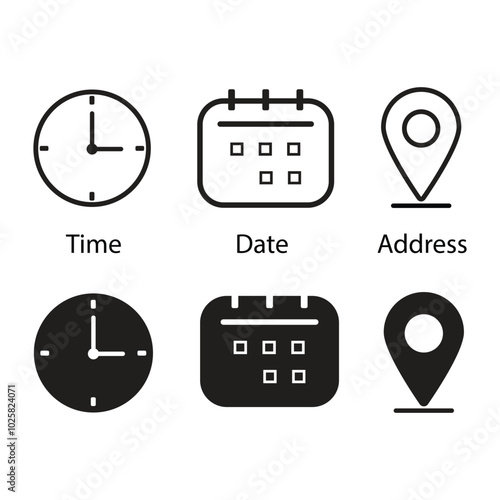 Date, time, location address icon set template
