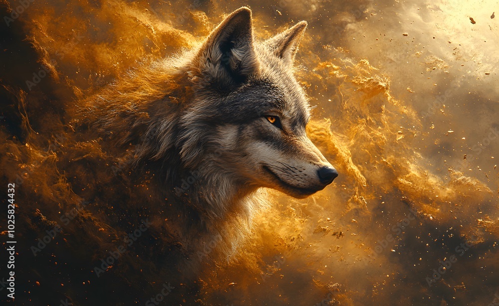 A majestic wolf stands proudly, its sharp gaze piercing through the mist and glowing embers surrounding it. A majestic wolf stands proudly, its sharp gaze piercing through the mist and glowing embers surrounding it.