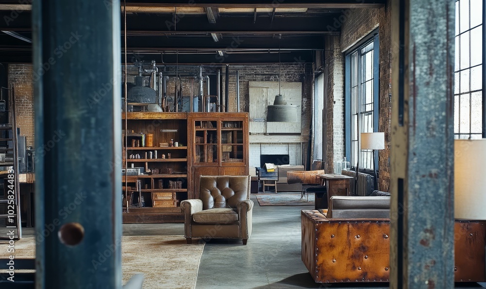 Obraz premium Industrial loft apartment with leather furniture.
