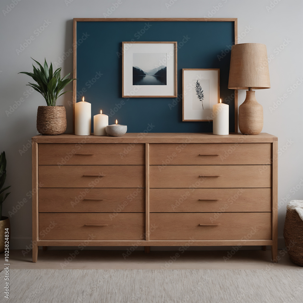Fototapeta premium A modern interior bedroom featuring a Poplar wooden chest of drawers with a light grey wall Illustration image.