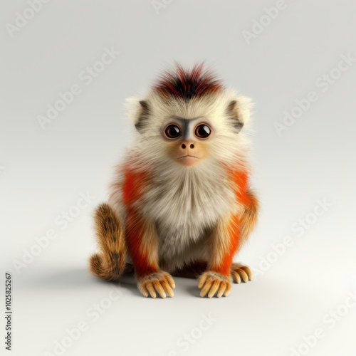 a small monkey with red and white fur sitting down