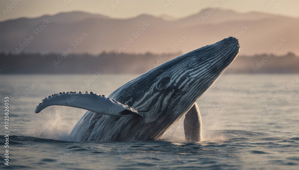 Fototapeta premium A grey whale breaching the ocean surface.