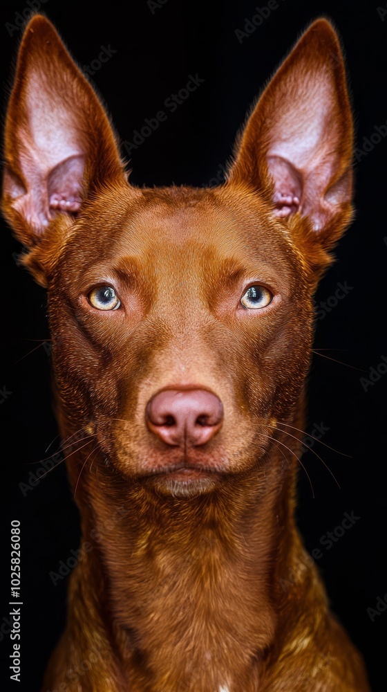 Obraz premium A tight shot of a brown canine's visage, boasting blue eyes and a head covered in fur of the same hue