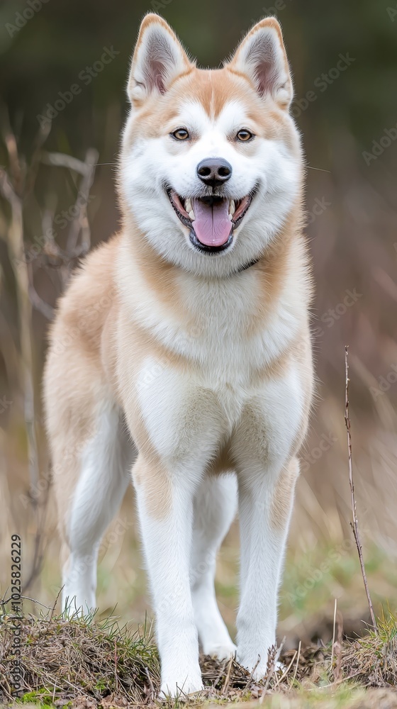 A brown-and-white dog stands atop a grassy field, its mouth agape and tongue extending A brown-and-white dog stands atop a grassy field, its mouth agape and tongue extending