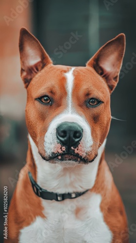  A tight shot of a brown-and-white canine donning a black collar, gazing intently into the lens with a solemn expression