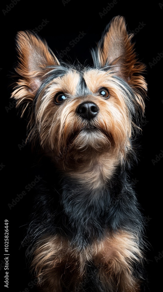 A dog's face in tight focus against a black backdrop, its features softened by a gentle blur A dog's face in tight focus against a black backdrop, its features softened by a gentle blur