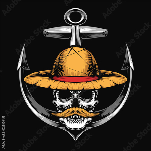 skull wearing straw hat with anchor