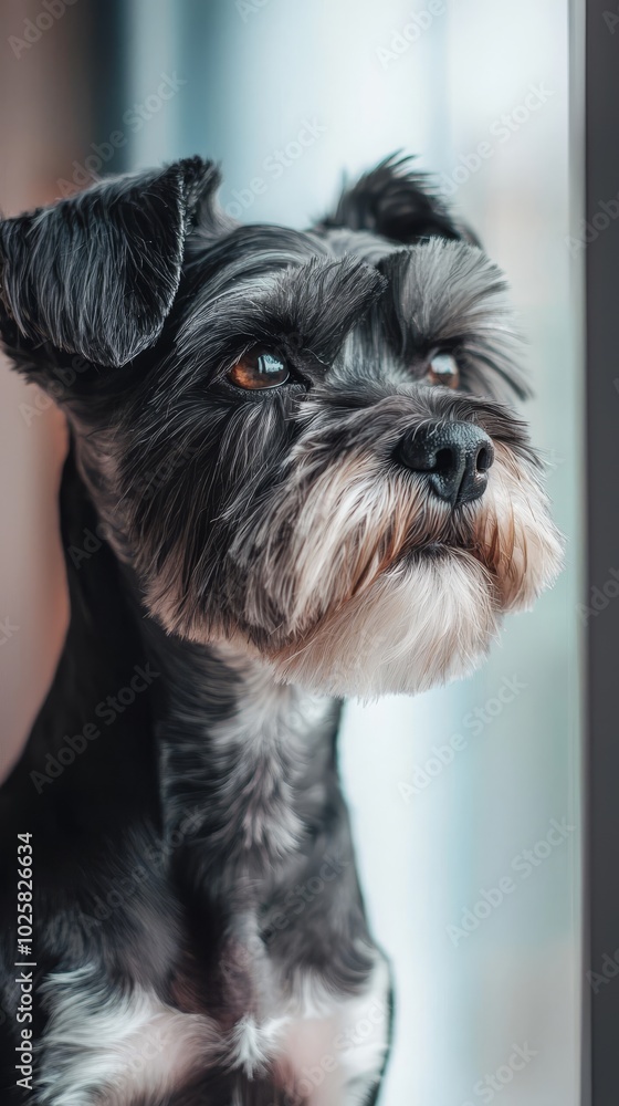 A tight shot of a small dog with a sorrowful expression, gazing out a window A tight shot of a small dog with a sorrowful expression, gazing out a window