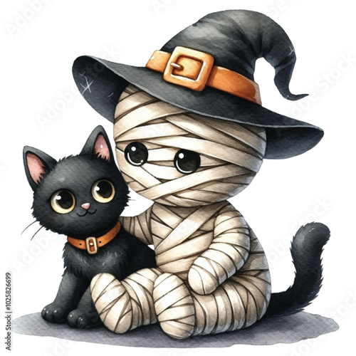 Cute mummy riding on the back of a black cat clipart watercolor

