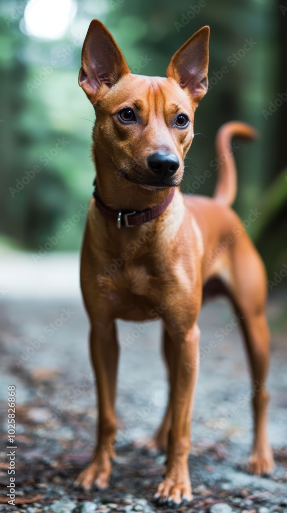 A small brown dog stands atop a leaf-covered ground, adjacent to a dense forest teeming with numerous trees A small brown dog stands atop a leaf-covered ground, adjacent to a dense forest teeming with numerous trees