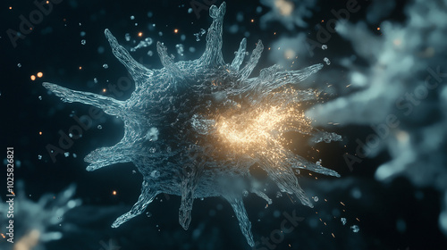 A close-up, dramatic scene of a virus being destroyed by antibodies. The virus is shown in vivid detail, with its spiked outer layer breaking apart as antibodies, depicted as glowing white entities.