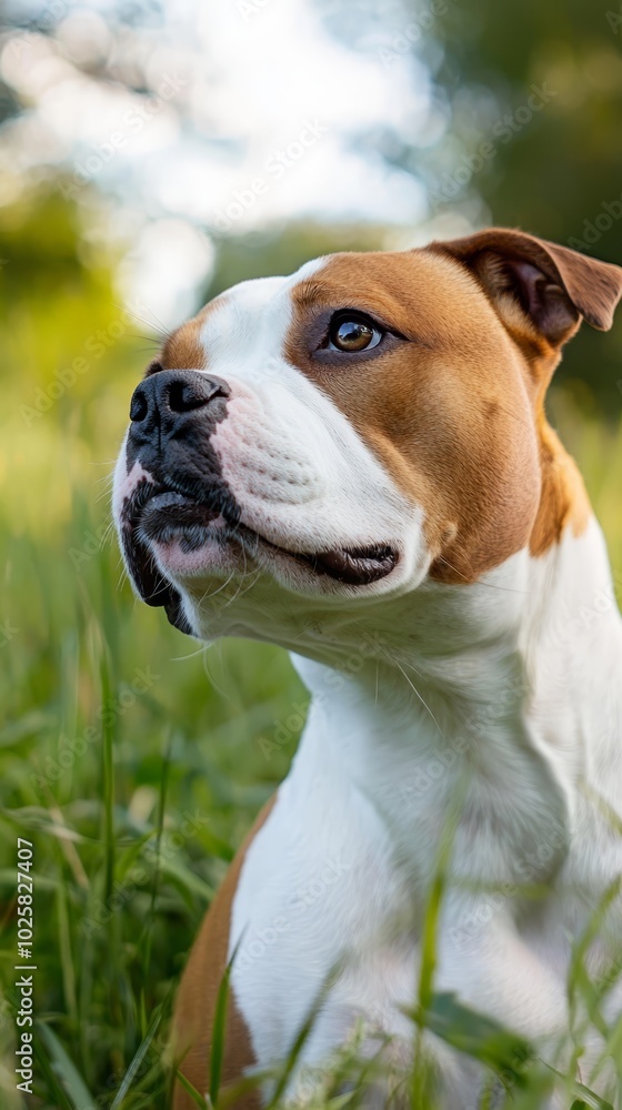 A brown-and-white dog lies atop a lush green field, beside a forest with grassy cover A brown-and-white dog lies atop a lush green field, beside a forest with grassy cover