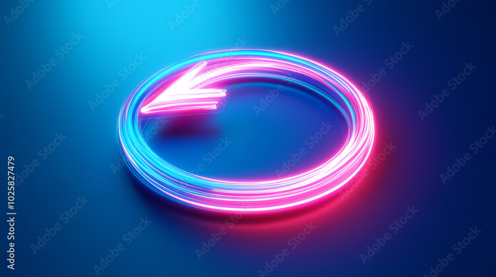 A bright neon arrow spins in a circle on a blue background. This 3D image is perfect for presentations. A bright neon arrow spins in a circle on a blue background. This 3D image is perfect for presentations.