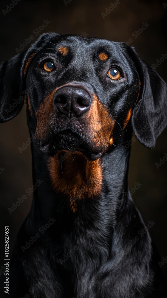 A tight shot of a dog's head against a backdrop of a black and brown canine face A tight shot of a dog's head against a backdrop of a black and brown canine face