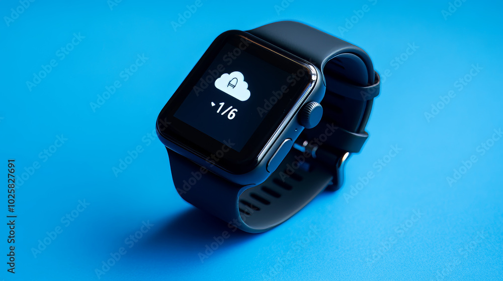 A sleek black smartwatch rests on a blue background. It shows the time and has a cloud icon, indicating it's connected to online storage. A sleek black smartwatch rests on a blue background. It shows the time and has a cloud icon, indicating it's connected to online storage.