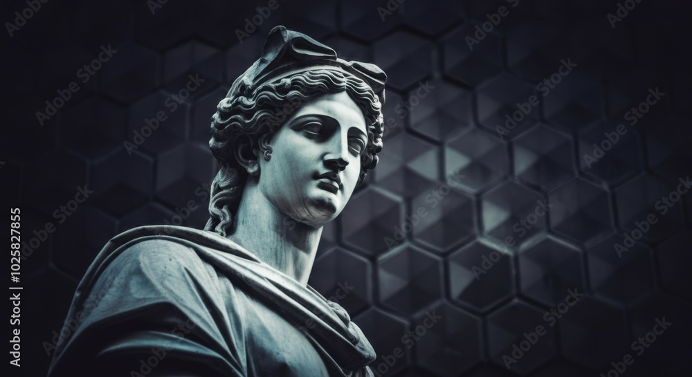 Antique statue with modern background representing fusion of eras Antique statue with modern background representing fusion of eras