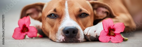  A tight shot of a dog lying on the ground, a flower gently placed before his face, another pink bloom nearby
