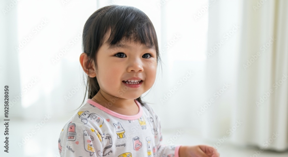 Smiling toddler girl in bright room with white curtains Smiling toddler girl in bright room with white curtains