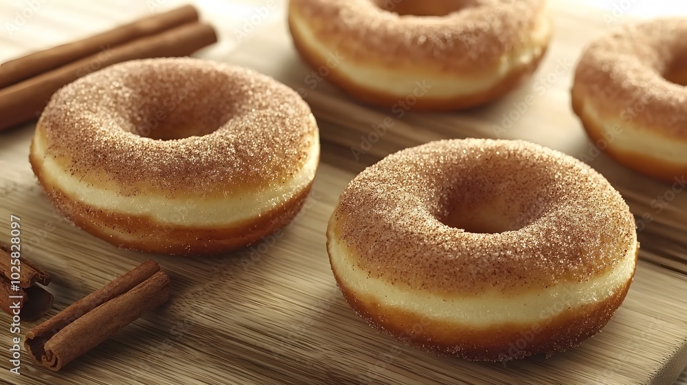 Cinnamon Sugar Donut: A warm-toned donut coated in cinnamon sugar. The comforting aroma of spice and sweetness. Neutral background for captions. Cinnamon Sugar Donut: A warm-toned donut coated in cinnamon sugar. The comforting aroma of spice and sweetness. Neutral background for captions.