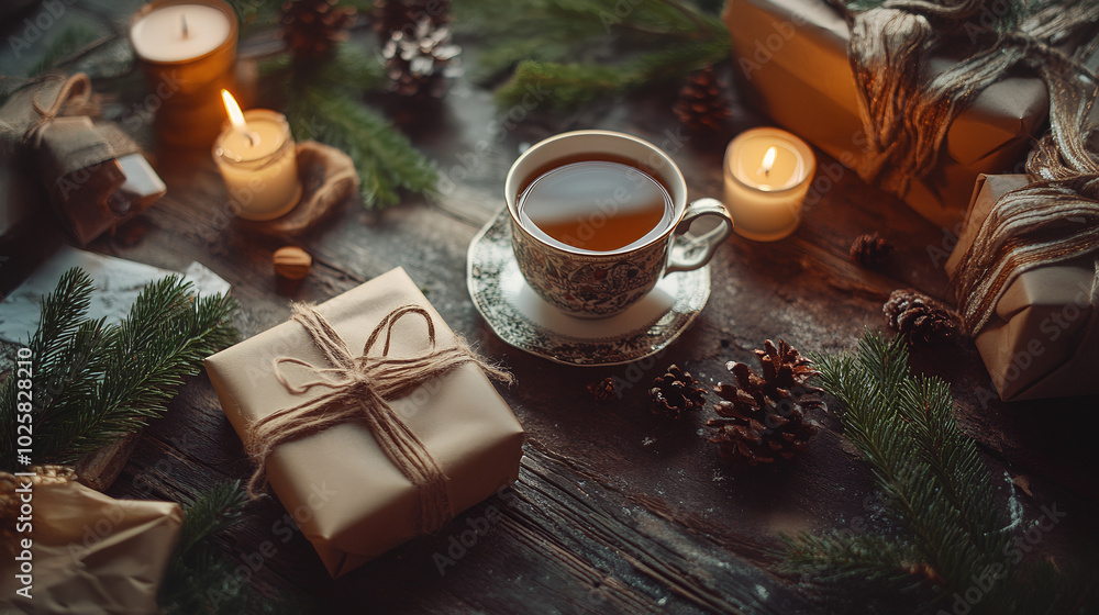 A workspace with wrapped gifts, ribbons, and pine branches A workspace with wrapped gifts, ribbons, and pine branches