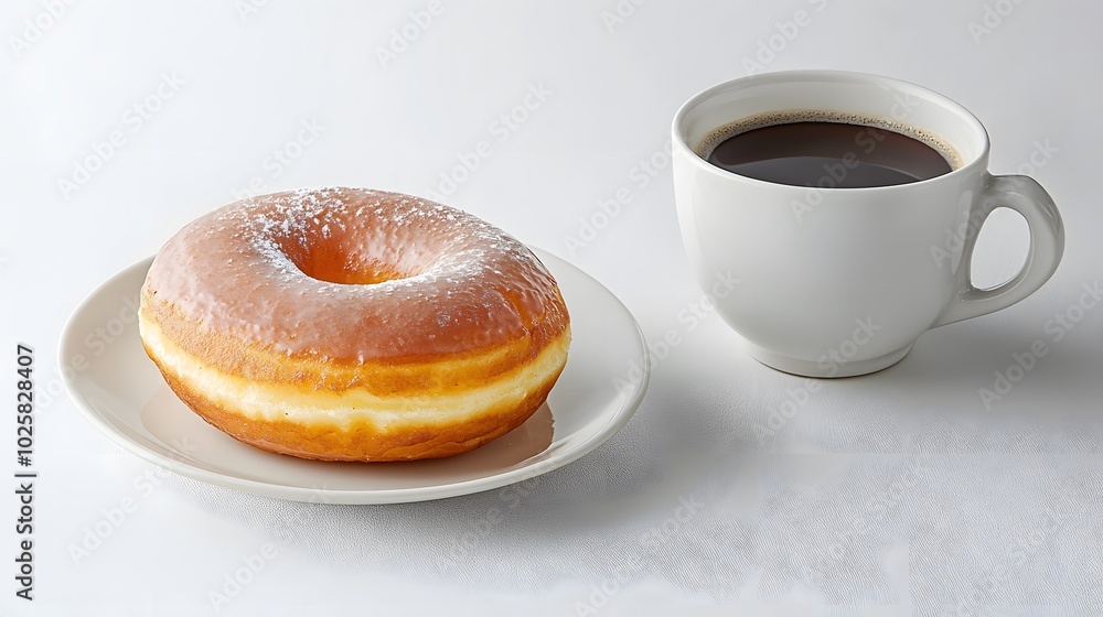 Donut and Coffee Break: A donut resting on a saucer next to a coffee cup. The pause in a busy day, savoring the simple pleasures. Copy space on the saucer. 