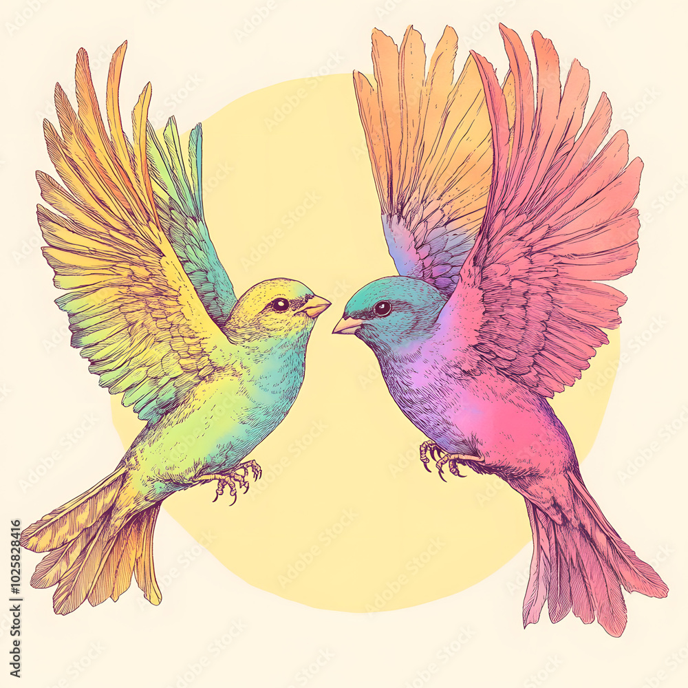 illustration of two colorful birds mid-flight, facing each other with wings spread. The vibrant hues and graceful pose symbolize freedom, beauty, and connection, perfect for designs focused on nature. illustration of two colorful birds mid-flight, facing each other with wings spread. The vibrant hues and graceful pose symbolize freedom, beauty, and connection, perfect for designs focused on nature.