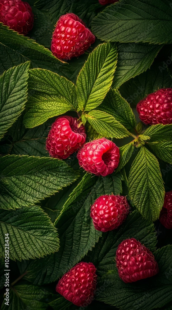 A collection of ripe raspberries atop a verdant plant, surrounded by lush leaves, under a sunny sky A collection of ripe raspberries atop a verdant plant, surrounded by lush leaves, under a sunny sky