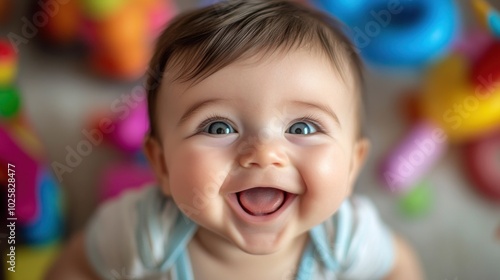 A happy baby with big blue eyes smiles up at the camera, surrounded by colorful toys.