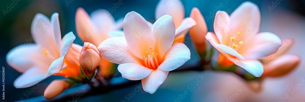 Fototapeta premium A tight shot of flower blooms on a branch, petals dotted with water beads, backdrop softly blurred