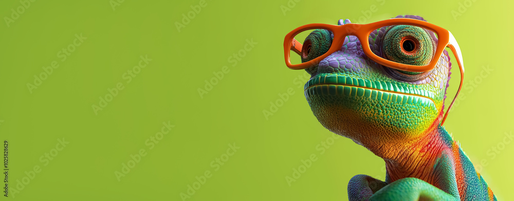Funny cute chameleon wearing glasses on a swamp green background with copy space. 