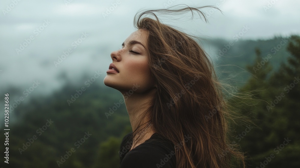 A woman with long hair is standing in a forest, looking up at the sky A woman with long hair is standing in a forest, looking up at the sky