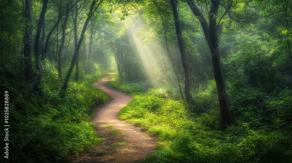 Obraz premium A winding path through a lush green forest, bathed in sunlight.